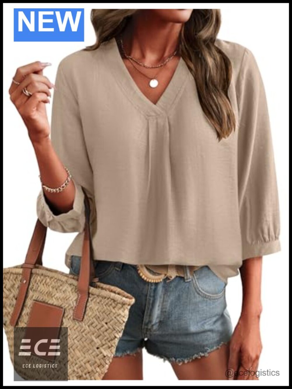 Womens 3/4 Sleeve V Neck Peasant Blouse Cotton Casual Top